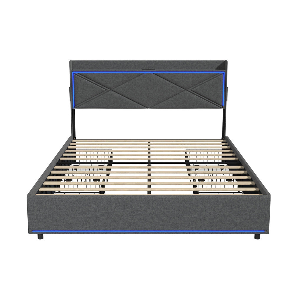Bed Frame Queen with LED Headboard Charging Port 4 Drawers