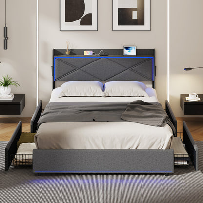 Bed Frame Queen with LED Headboard Charging Port 4 Drawers