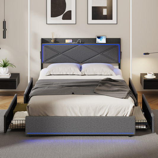 Bed Frame Queen with LED Headboard Charging Port 4 Drawers