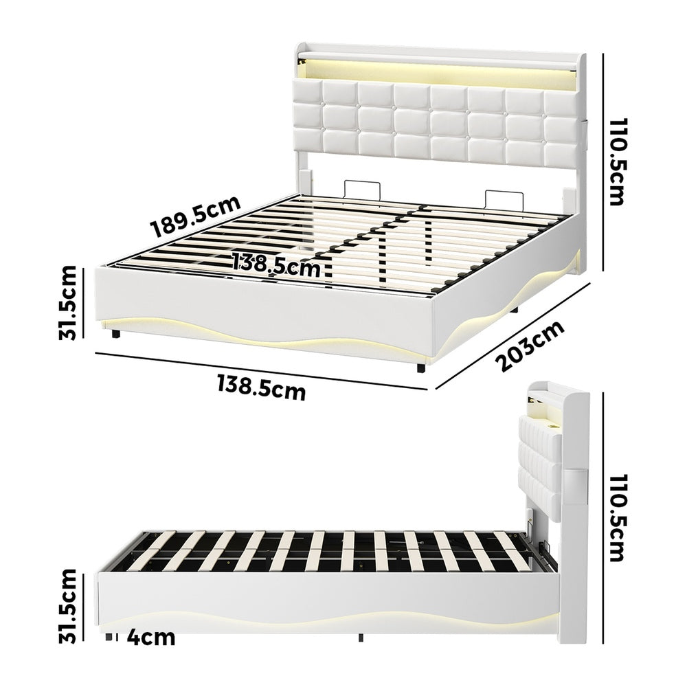 Double Bed Frame LED Gas Lift Storage Headboard USB Charging