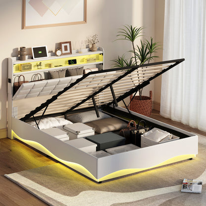 Double Bed Frame LED Gas Lift Storage Headboard USB Charging