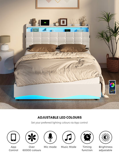 Double Bed Frame LED Gas Lift Storage Headboard USB Charging