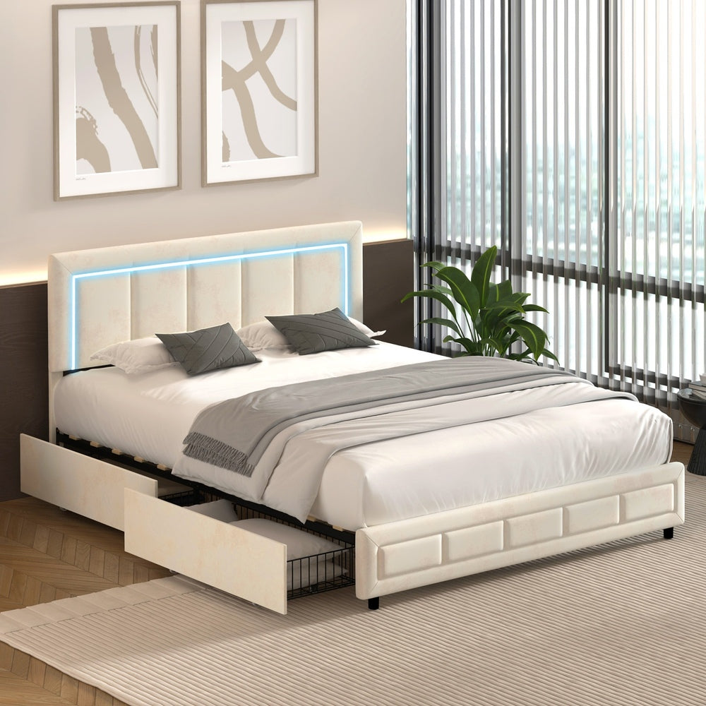 LED Bed Frame Double Size 4 Drawers Adjustable Head Beige/Velvet/Black