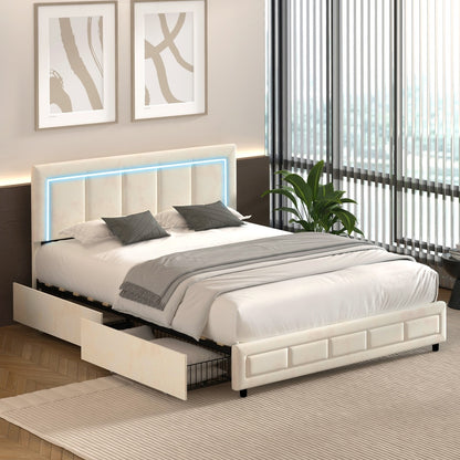 LED Bed Frame Double Size 4 Drawers Adjustable Head Beige/Velvet/Black