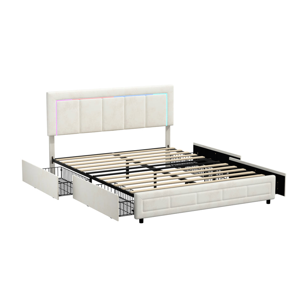 LED Bed Frame Double Size 4 Drawers Adjustable Head Beige/Velvet/Black