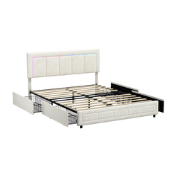 LED Bed Frame Double Size 4 Drawers Adjustable Head Beige/Velvet/Black