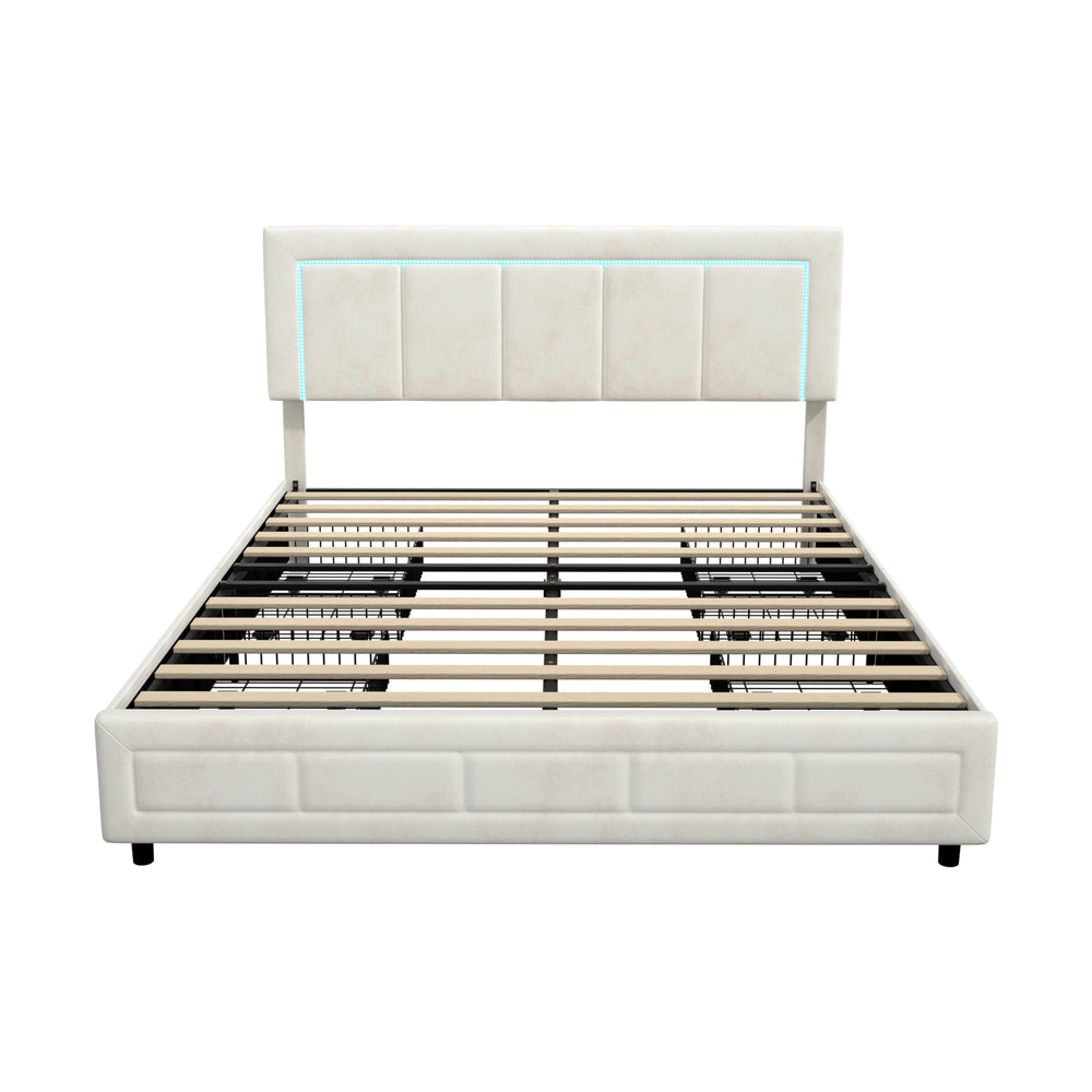 LED Bed Frame Double Size 4 Drawers Adjustable Head Beige/Velvet/Black