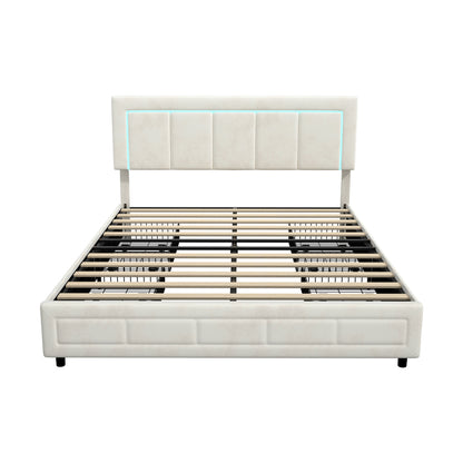 LED Bed Frame Double Size 4 Drawers Adjustable Head Beige/Velvet/Black