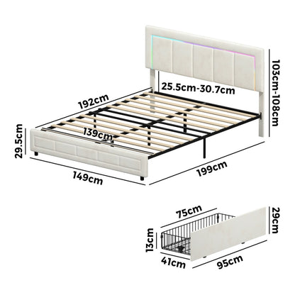 LED Bed Frame Double Size 4 Drawers Adjustable Head Beige/Velvet/Black