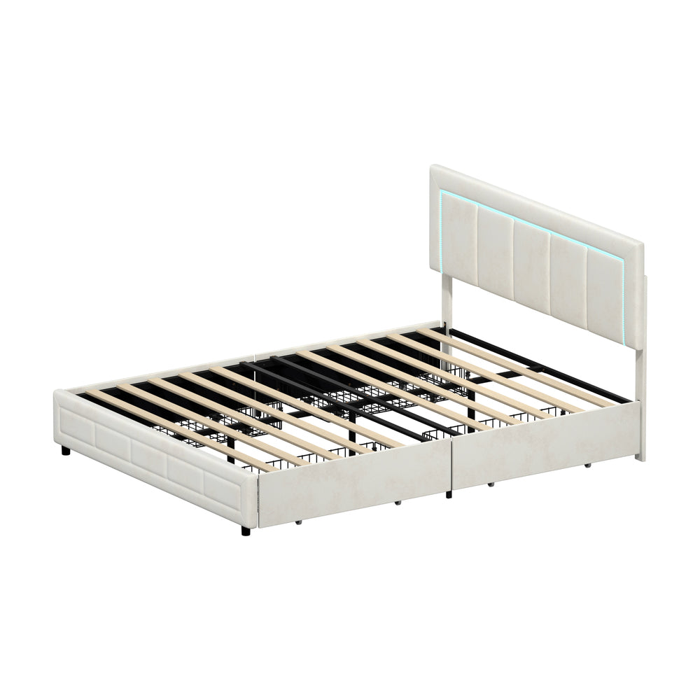 LED Bed Frame Double Size 4 Drawers Adjustable Head Beige/Velvet/Black