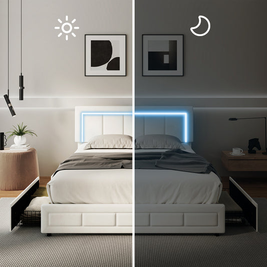 LED Bed Frame Double Size 4 Drawers Adjustable Head Beige/Velvet/Black