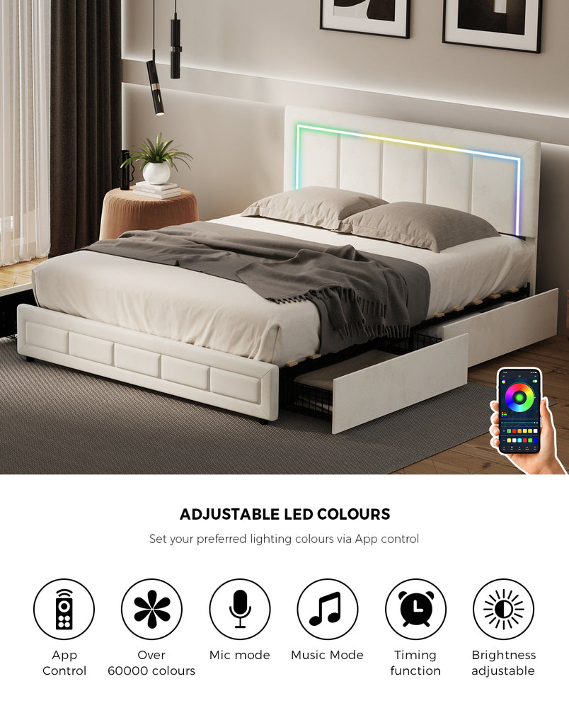 LED Bed Frame Double Size 4 Drawers Adjustable Head Beige/Velvet/Black