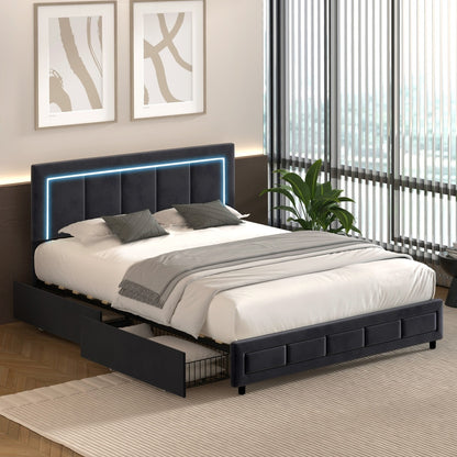 LED Bed Frame Double Size 4 Drawers Adjustable Head Beige/Velvet/Black
