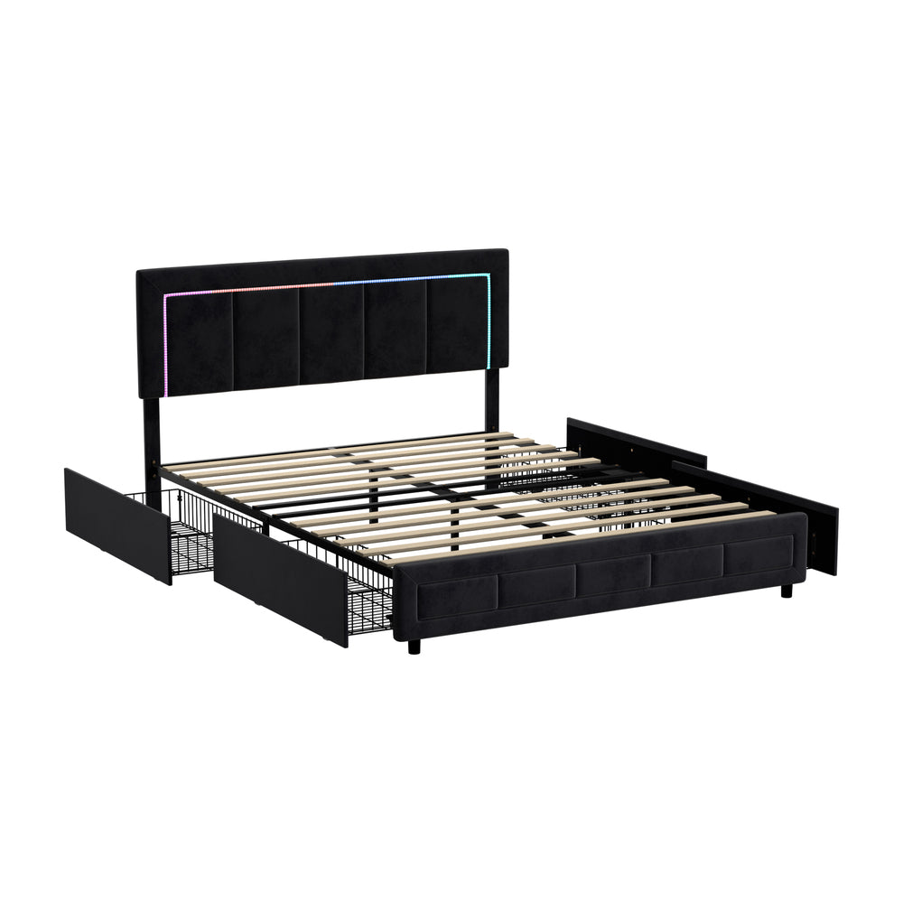 LED Bed Frame Double Size 4 Drawers Adjustable Head Beige/Velvet/Black