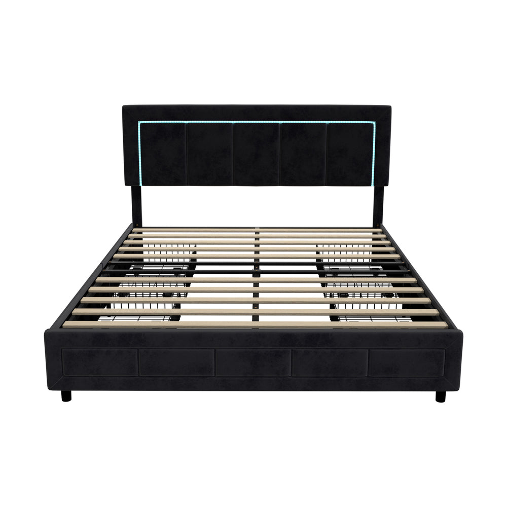 LED Bed Frame Double Size 4 Drawers Adjustable Head Beige/Velvet/Black