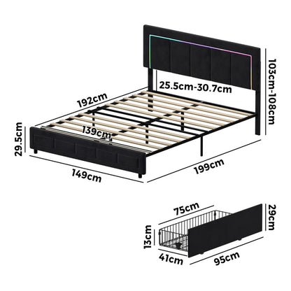 LED Bed Frame Double Size 4 Drawers Adjustable Head Beige/Velvet/Black