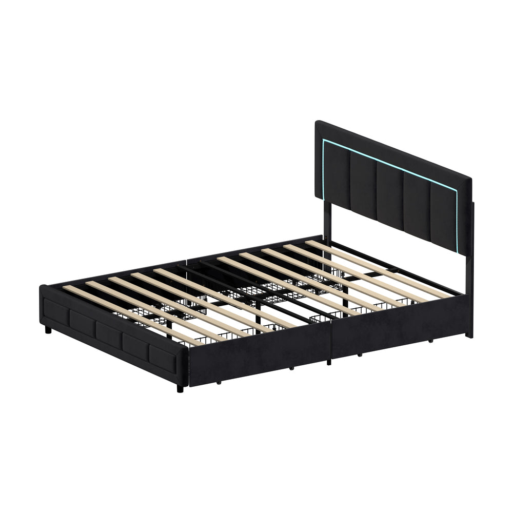 LED Bed Frame Double Size 4 Drawers Adjustable Head Beige/Velvet/Black