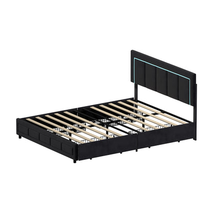 LED Bed Frame Double Size 4 Drawers Adjustable Head Beige/Velvet/Black