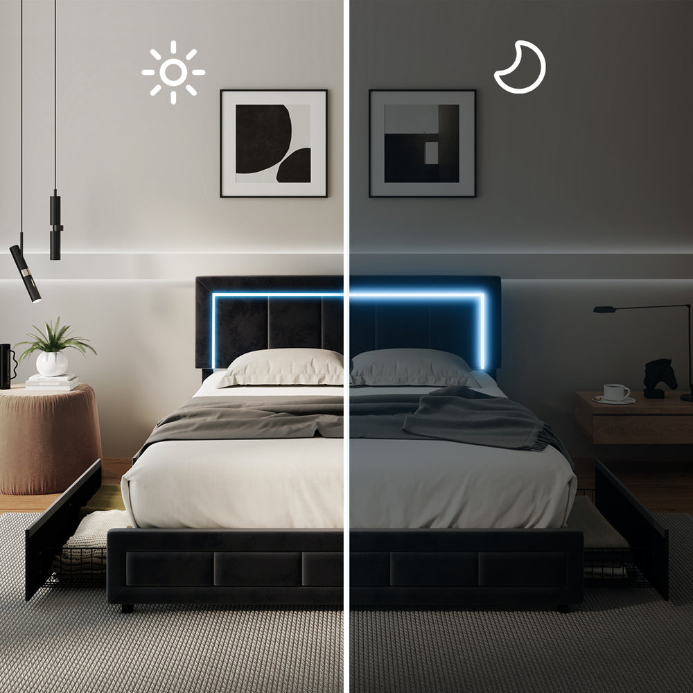 LED Bed Frame Double Size 4 Drawers Adjustable Head Beige/Velvet/Black