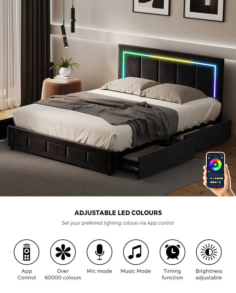 LED Bed Frame Double Size 4 Drawers Adjustable Head Beige/Velvet/Black