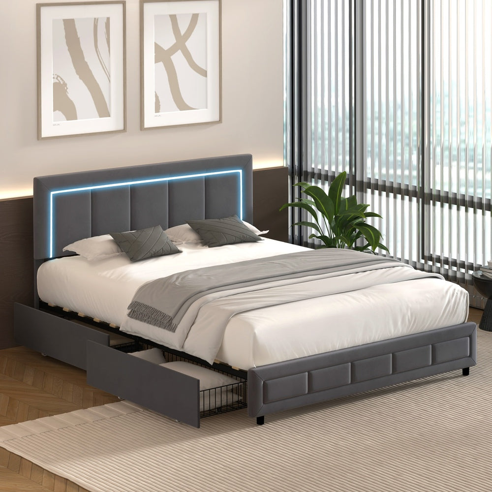 LED Bed Frame Double Size 4 Drawers Adjustable Head Beige/Velvet/Black
