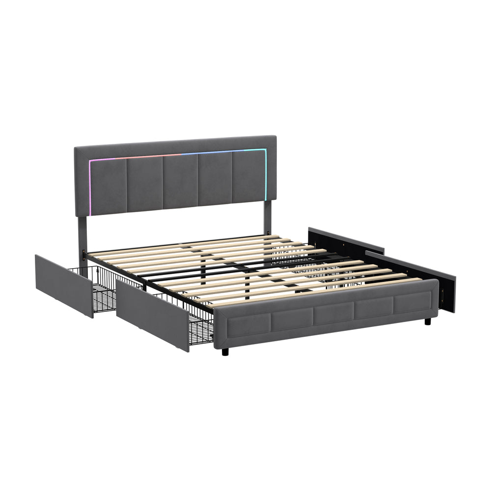 LED Bed Frame Double Size 4 Drawers Adjustable Head Beige/Velvet/Black