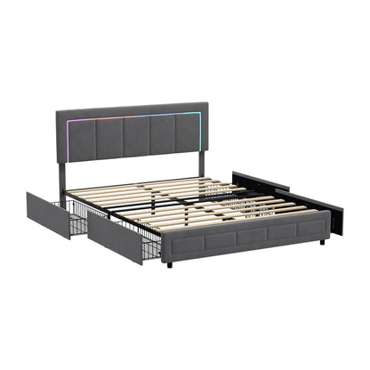 LED Bed Frame Double Size 4 Drawers Adjustable Head Beige/Velvet/Black