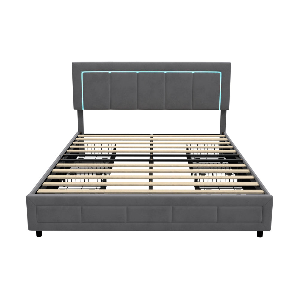 LED Bed Frame Double Size 4 Drawers Adjustable Head Beige/Velvet/Black