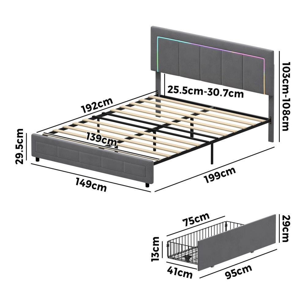LED Bed Frame Double Size 4 Drawers Adjustable Head Beige/Velvet/Black
