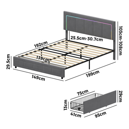LED Bed Frame Double Size 4 Drawers Adjustable Head Beige/Velvet/Black
