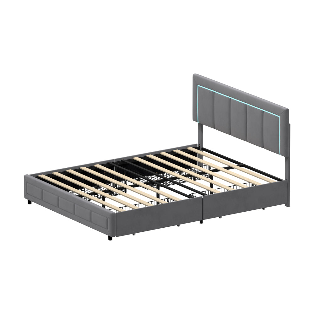 LED Bed Frame Double Size 4 Drawers Adjustable Head Beige/Velvet/Black