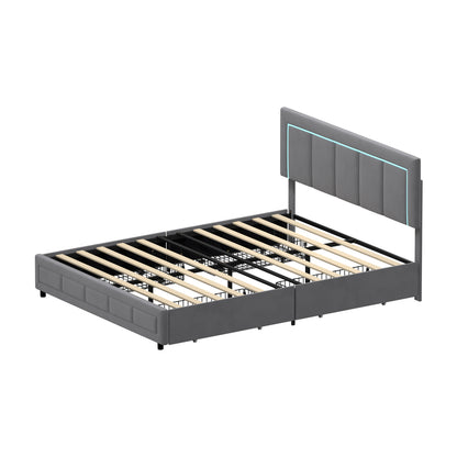 LED Bed Frame Double Size 4 Drawers Adjustable Head Beige/Velvet/Black