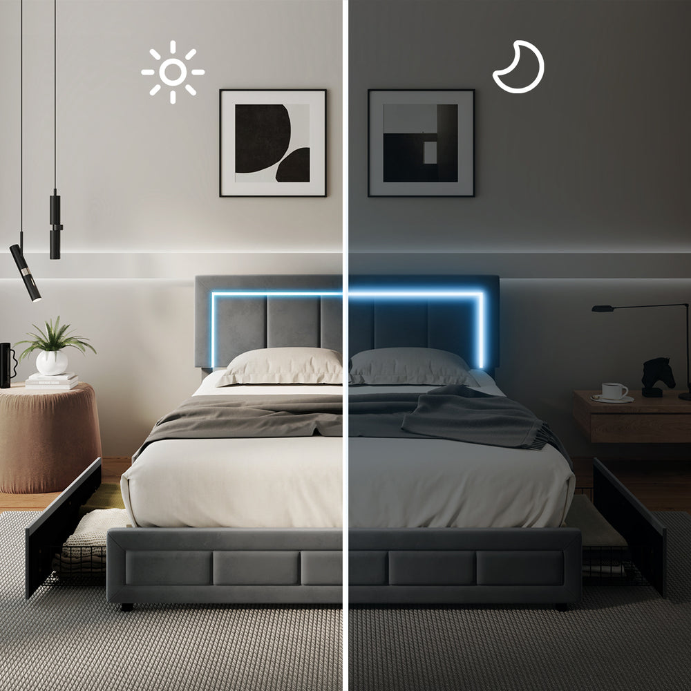 LED Bed Frame Double Size 4 Drawers Adjustable Head Beige/Velvet/Black