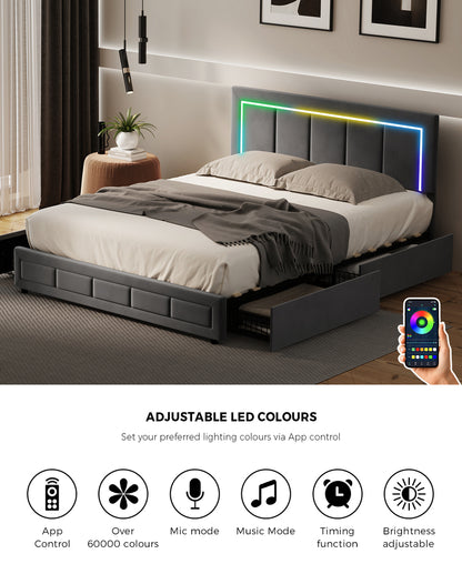 LED Bed Frame Double Size 4 Drawers Adjustable Head Beige/Velvet/Black