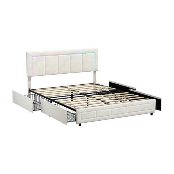  LED Bed Frame Queen Size 4 Drawers Adjustable Headboard Beige/Velvet/Black