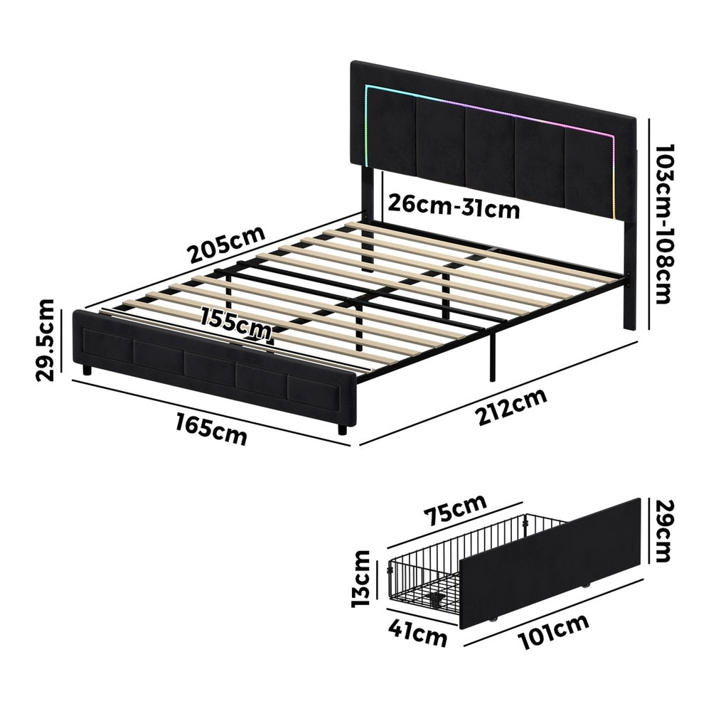 LED Bed Frame Queen Size 4 Drawers Adjustable Headboard Beige/Velvet/Black