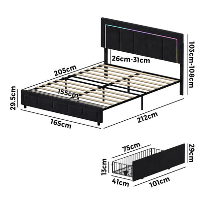 LED Bed Frame Queen Size 4 Drawers Adjustable Headboard Beige/Velvet/Black
