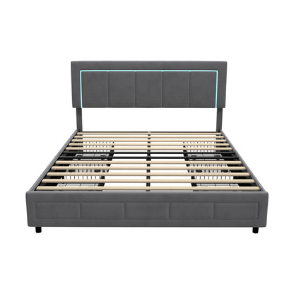 LED Bed Frame Queen Size 4 Drawers Adjustable Headboard Beige/Velvet/Black