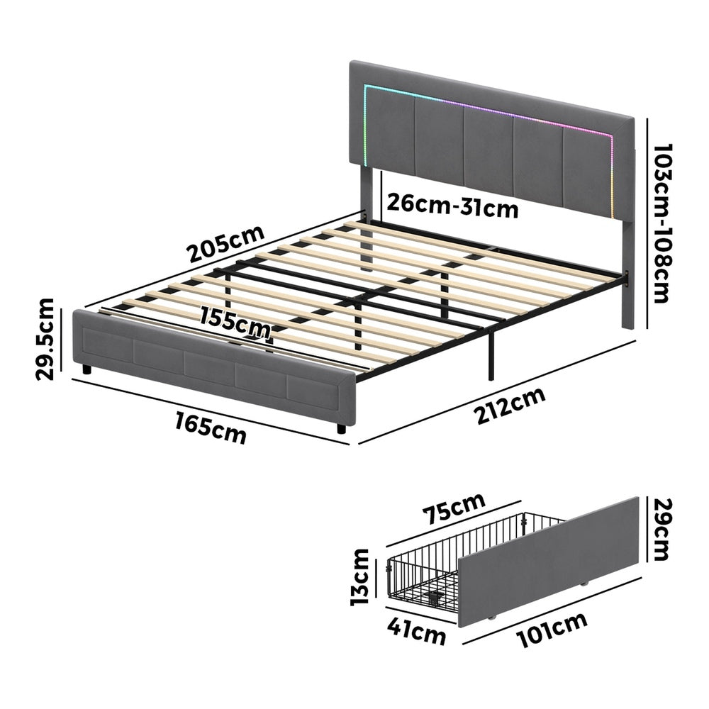 LED Bed Frame Queen Size 4 Drawers Adjustable Headboard Beige/Velvet/Black