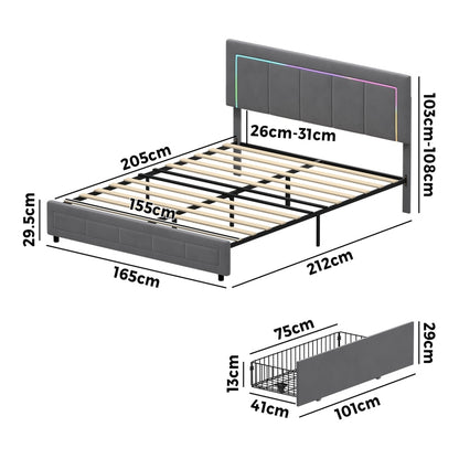 LED Bed Frame Queen Size 4 Drawers Adjustable Headboard Beige/Velvet/Black