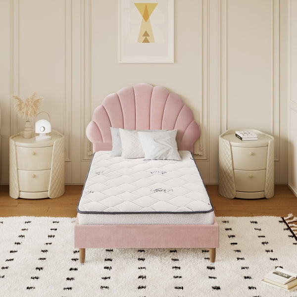  Single Bed Frame with Mattress Pink Velvet Upholstered Bedroom Furniture Set