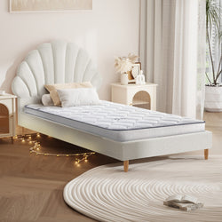 Single Bed Frame with Mattress White Boucle Fabric Upholstered Bedroom Bed