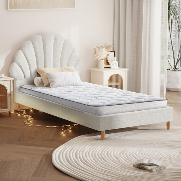  Single Bed Frame with Mattress White Boucle Fabric Upholstered Bedroom Bed