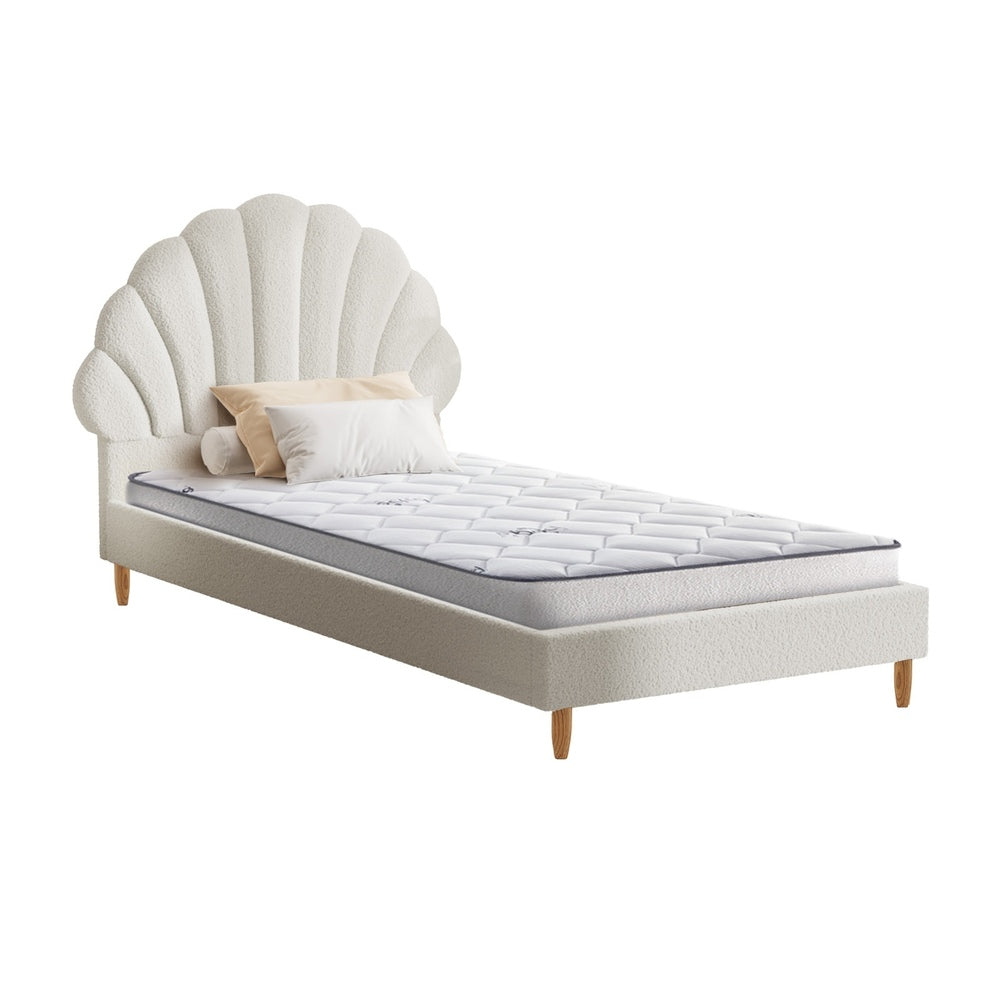 Single Bed Frame with Mattress White Boucle Fabric Upholstered Bedroom Bed