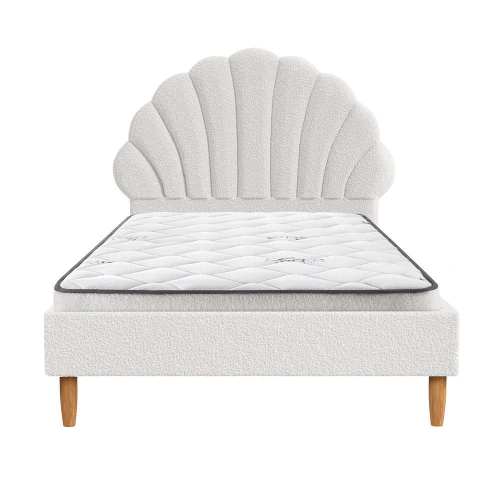Single Bed Frame with Mattress White Boucle Fabric Upholstered Bedroom Bed