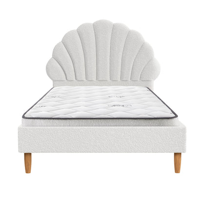 Single Bed Frame with Mattress White Boucle Fabric Upholstered Bedroom Bed