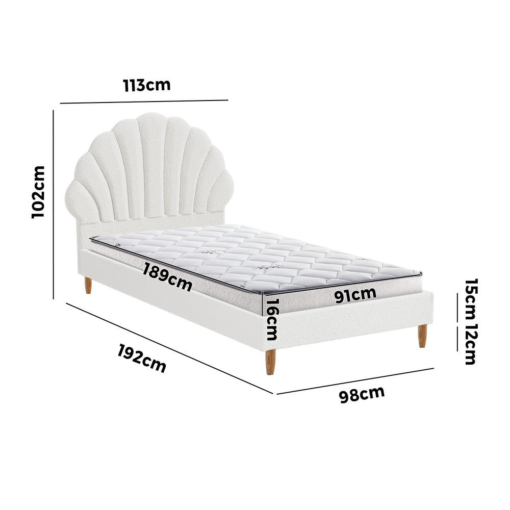 Single Bed Frame with Mattress White Boucle Fabric Upholstered Bedroom Bed