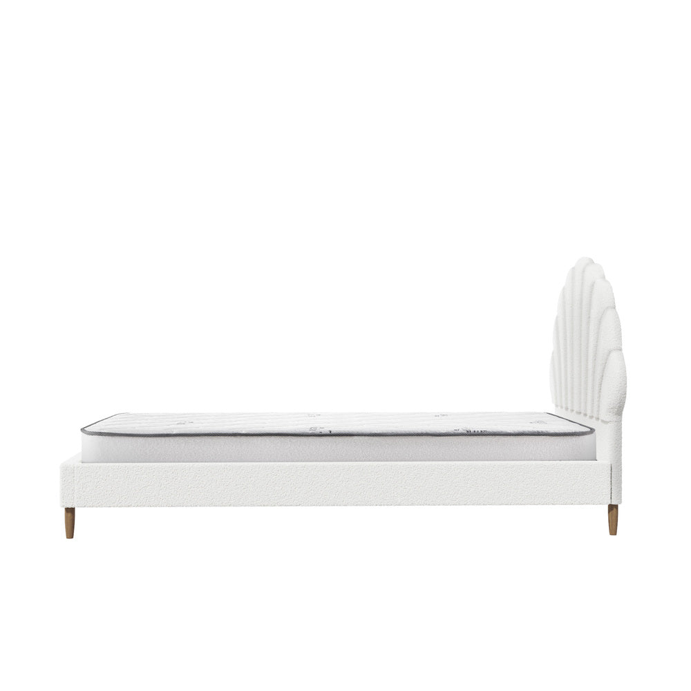 Single Bed Frame with Mattress White Boucle Fabric Upholstered Bedroom Bed