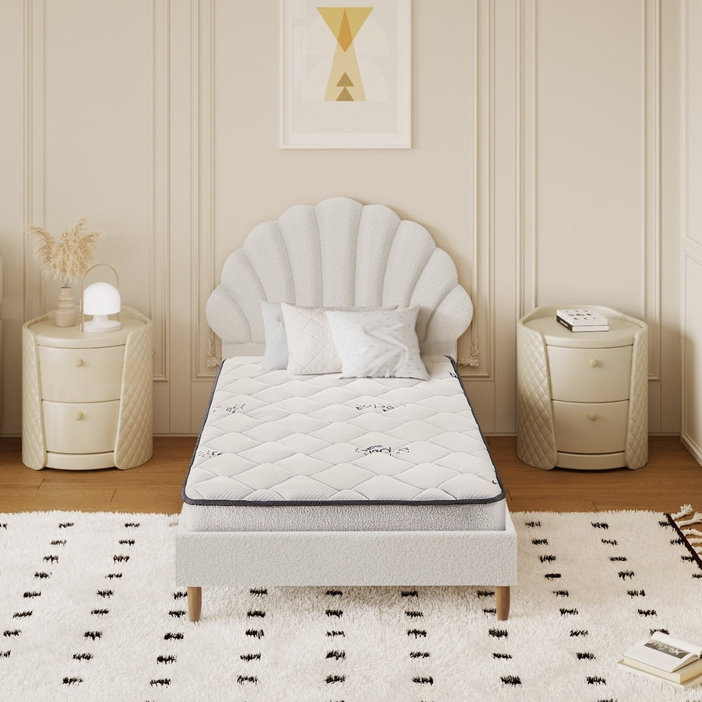 Single Bed Frame with Mattress White Boucle Fabric Upholstered Bedroom Bed