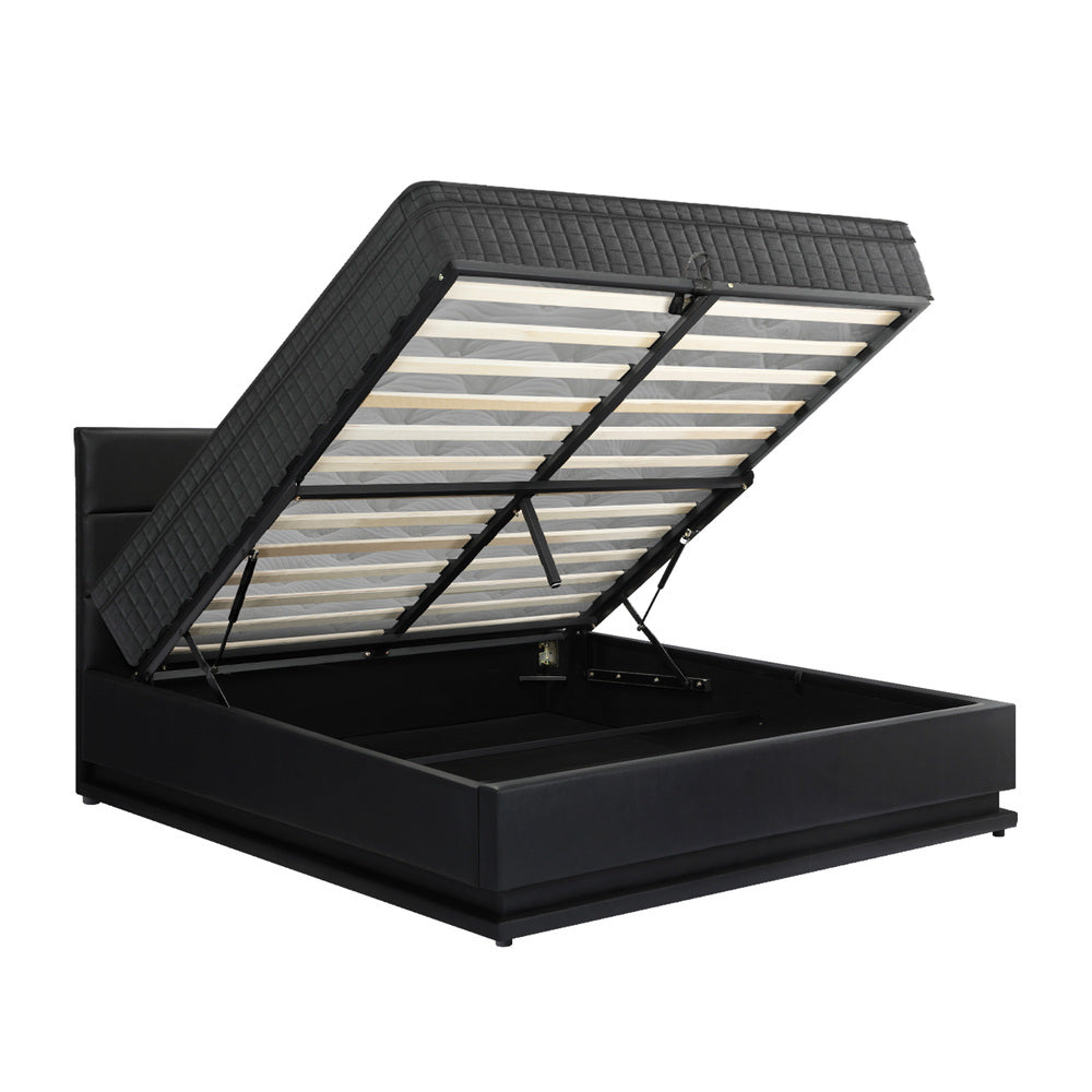 Bed Frame with Mattress Double Size LED Gas Lift Black & Grey LAYZ